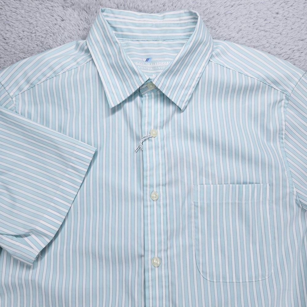 Vineyard Vines OTG Shirt Mens Medium Blue Stripe Short Sleeve Brrr Stretch NEW